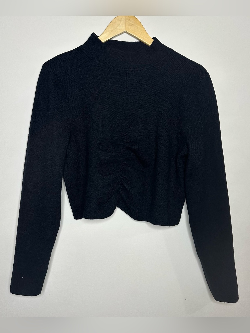 by Anthropologie Womens Mock Neck Black Cropped Sweater Ruched Front Size XL
